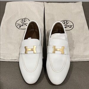 Hermes White Loafers with Gold H Detail